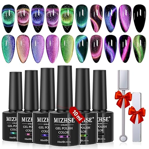 MIZHSE 9D Cat Eye Gel Nail Polish, Magnetic Cat Eye Gel Polish Set, 10ml*6 with 2 Magnets, Classic Colors Chameleon Magic Galaxy Effect Soak off Nail
