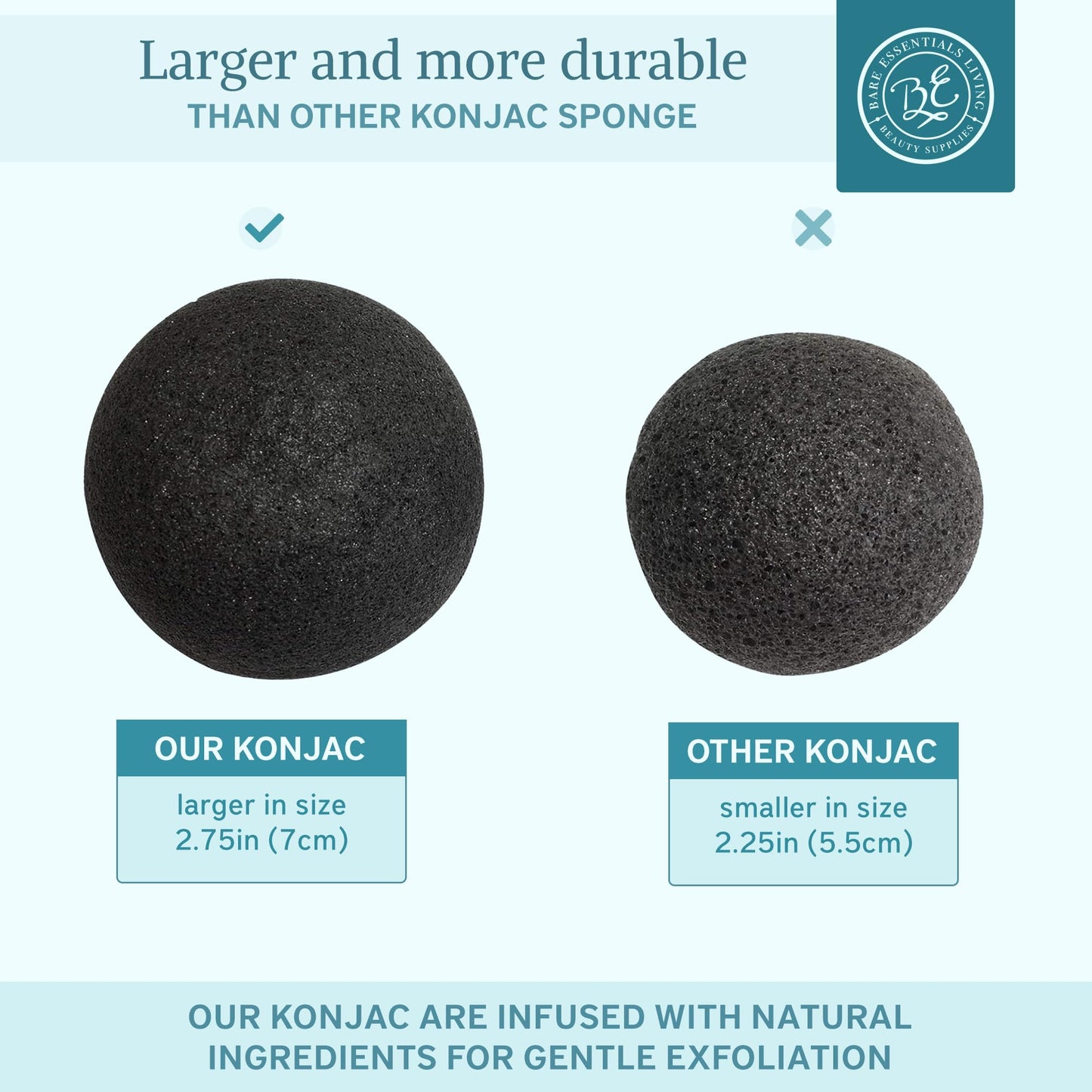 Bare Essentials Living - Konjac Sponges Set (12 Pack) with Activated Bamboo Charcoal Facial Sponge, Natural, Great for Facials, Bath, and Exfoliating