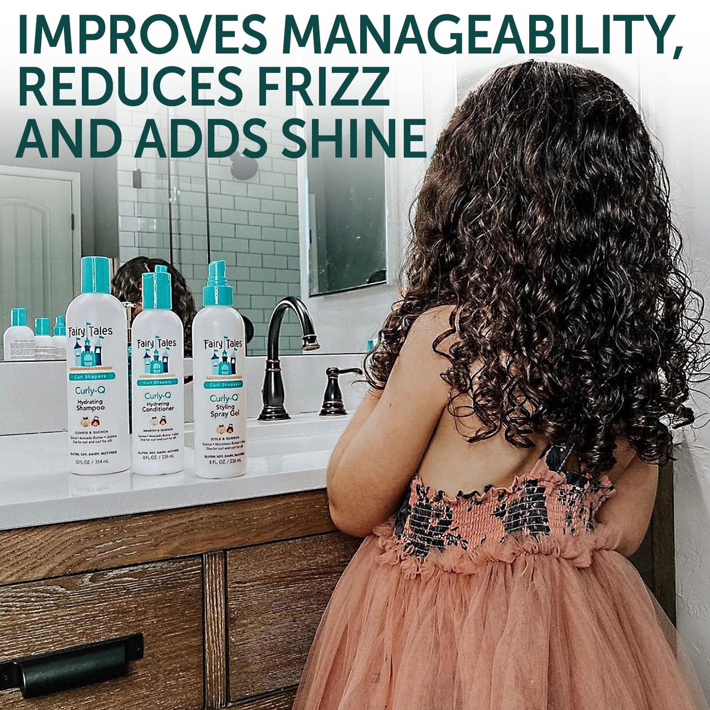 Fairy Tales Curly Q Hydrating Kids Shampoo, Conditioner, and Styling Spray Gel -Travel Kit- Paraben, Sulfate, Gluten, and Nut Free - For All Curl
