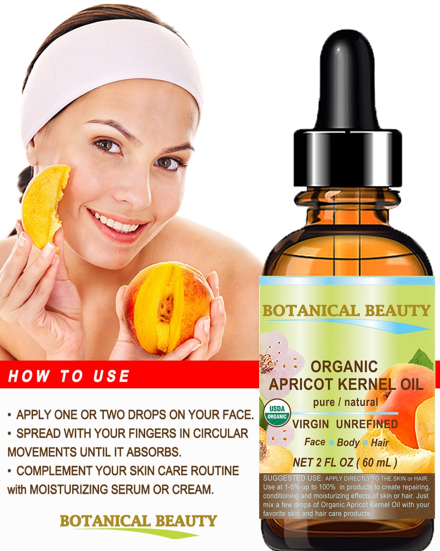 Botanical Beauty ORGANIC APRICOT KERNEL OIL Australian. 100% Pure Virgin Unrefined Cold Pressed Carrier Oil 2 oz- 60 ml. For Face, Hair, Body, Nails