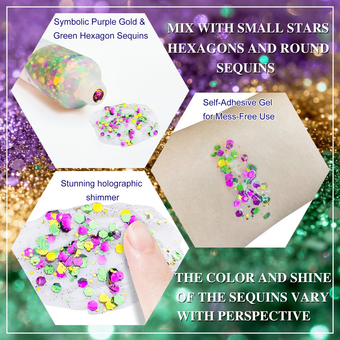 Mardi Gras Face Glitter,Festival Rave St Patricks Day Accessories Body Glitter for Face Body Hair,Gold Green Purple Mixed Chunky Glitter