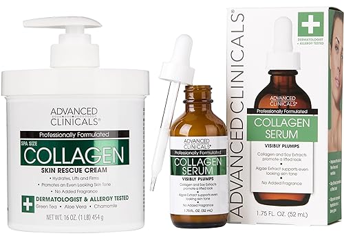 Advanced Clinicals Unscented Collagen Body Cream + Collagen Serum For Face 2PC Skincare Set | Face Serum & Body Lotion For Women & Men Helps Improve
