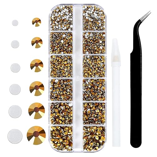 4240Pcs Gold Flatback Rhinestones 6 Sizes Crystal Diamonds for Nail Art Crafts Clothes Shoes with Tweezers and Picking Pen