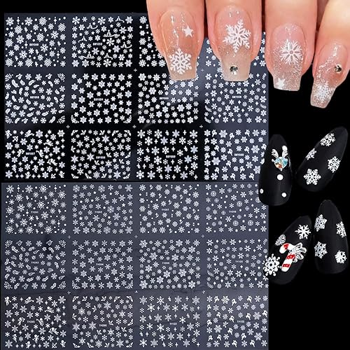24 Sheets Snowflakes Nail Art Stickers Decals Christmas Nail Decals 3D Snowflake Self-Adhesive Nail Designs White and Sliver Winter Nail Art Supplies