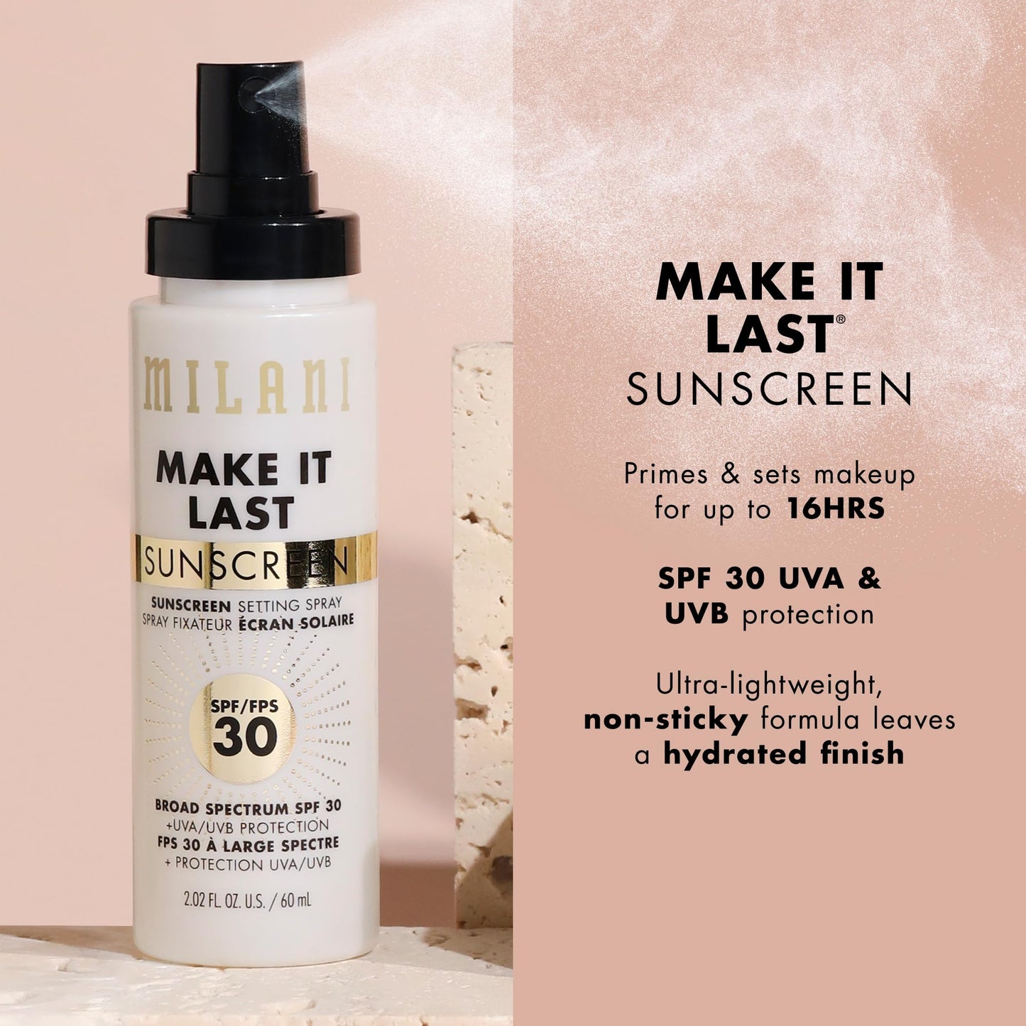 Milani Sunscreen Setting Spray + Primer, Make It Last Sunscreen for Face- SPF 30 UVA & UVB Protection Antioxidant Rich Formula for Broad Spectrum