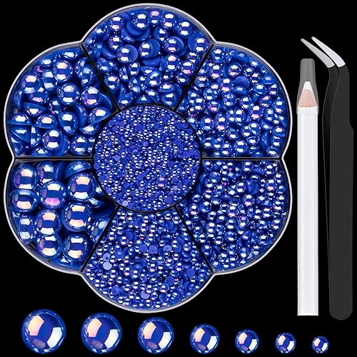 Nail Art Flat Back Half Round Pearl Kits 18, 1 Box of 6000 Pcs Flat-Back Ryoal Blue AB Pearl with Tweezer and Picker Pencil for Home DIY Nails Body