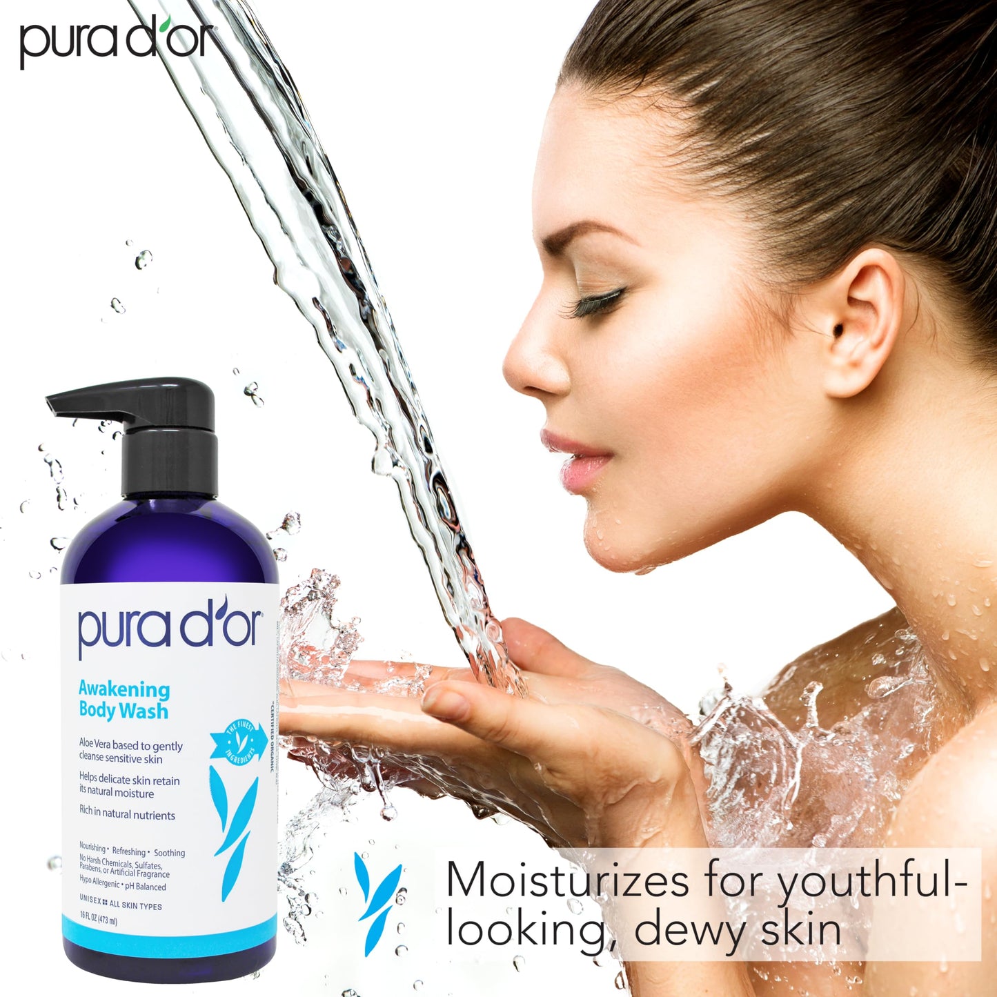 PURA D'OR Awakening Body Wash (16oz x2 = 32oz) Aloe Vera, Chamomile, Lavender, Tea Tree for Invigorating Earthy Scent, pH Balanced for Moisturized Beauty & Personal Care PURA D'OR