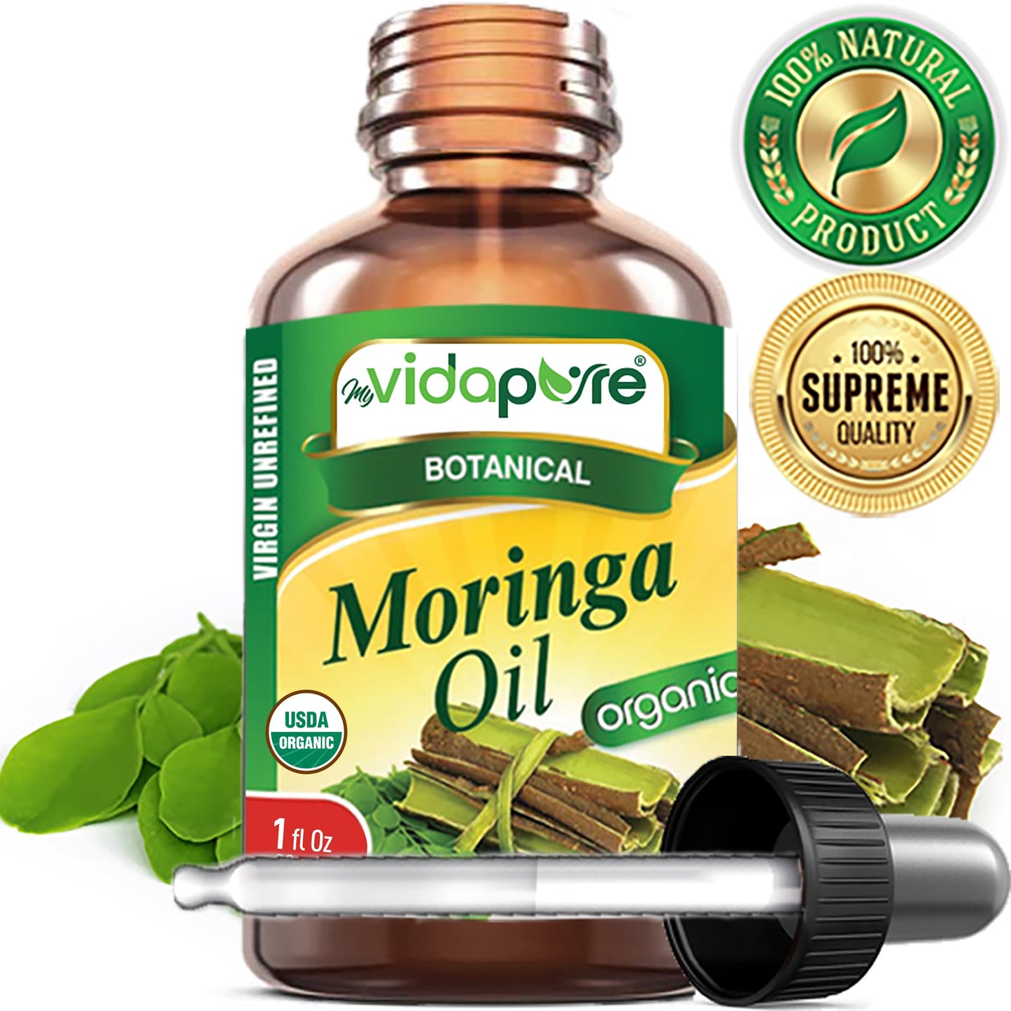 MYVIDAPURE Organic MORINGA OIL Moringa Oleifera Certified Organic 100% Natural Pure Virgin Unrefined for Face, Skin, Body, Hair, Lip, Nails