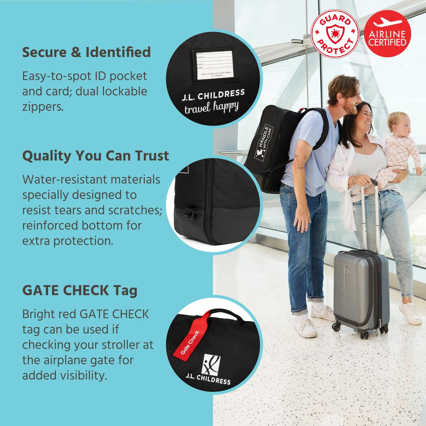 J.L. Childress Compact Travel Stroller Bag for Airplane - Fits Most Compact-Fold Single Baby Strollers, Compatible with UPPAbaby MINU, GB Pockit,…