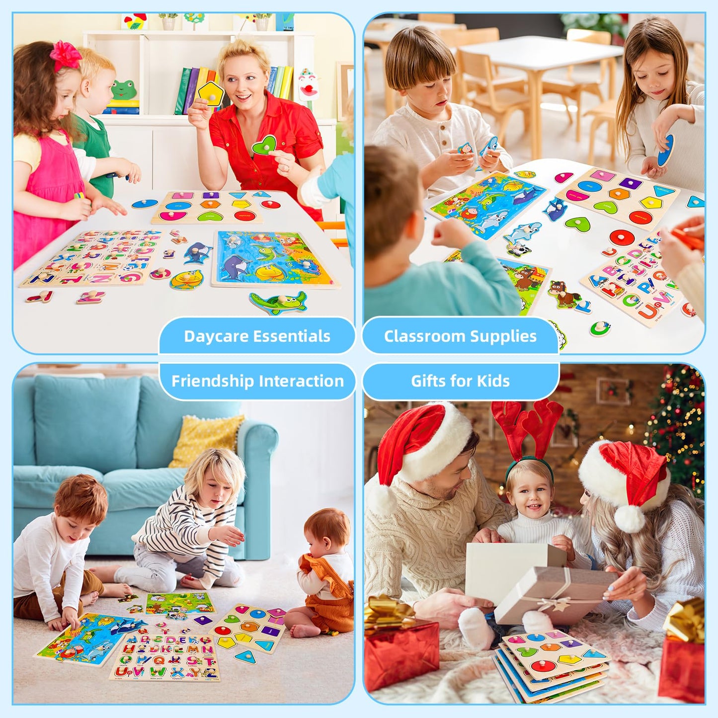 Wooden Peg Puzzles for Toddlers – 4 Pack Montessori Toys with Animals, Shapes & Alphabet, Learning Puzzles for Kids Ages 1-4 Boys & Girls