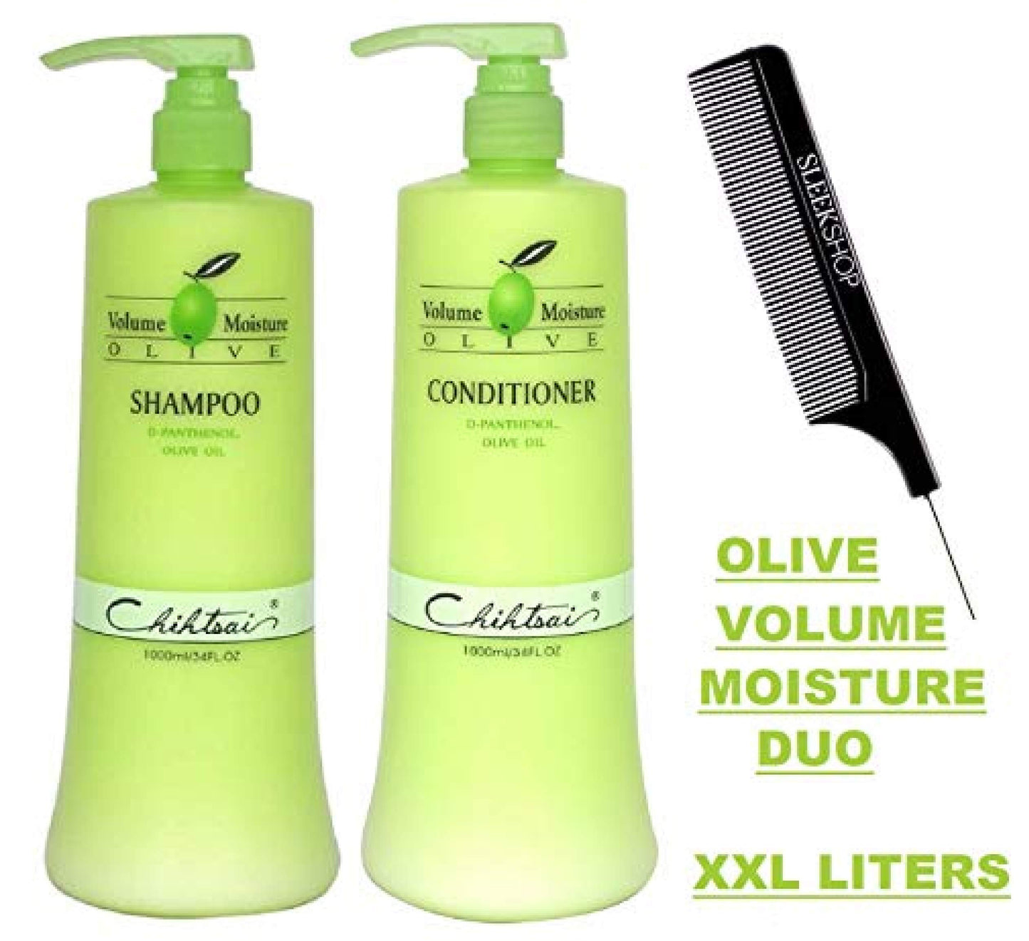 Chihtsai OLIVE Volume Moisture Shampoo & Conditioner DUO SET, D-Panthenol, Olive Oil (with Sleek Comb) (34 oz / 1000 ml - LARGE LITER DUO KIT w/PUMPS)