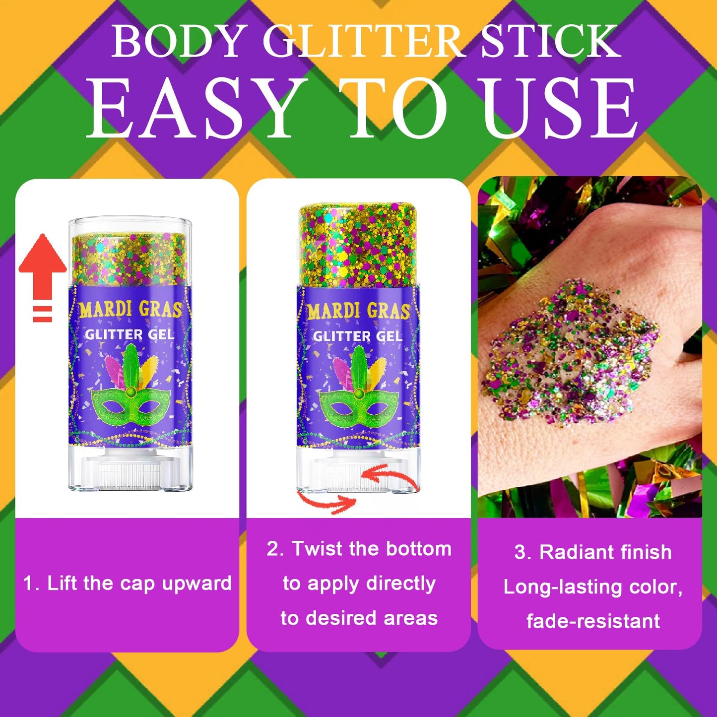Mardi Gras Glitter Gel Stick, Color-Changing in Different Lighting, for Body, Face & Hair (Mardi Gras)
