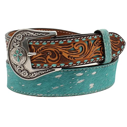 Angel Ranch Women's Tooled Tabs Hair-On Western Belt Turquoise Medium