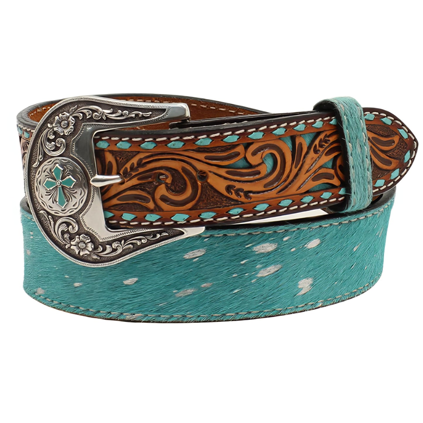 Angel Ranch Women's Tooled Tabs Hair-On Western Belt Turquoise Medium