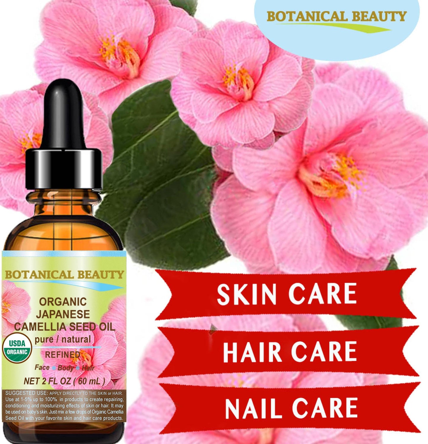 Botanical Beauty Japanese ORGANIC CAMELLIA Seed Oil. 100% Pure Natural Undiluted Refined Cold Pressed Carrier Oil to revitalize and rejuvenate the