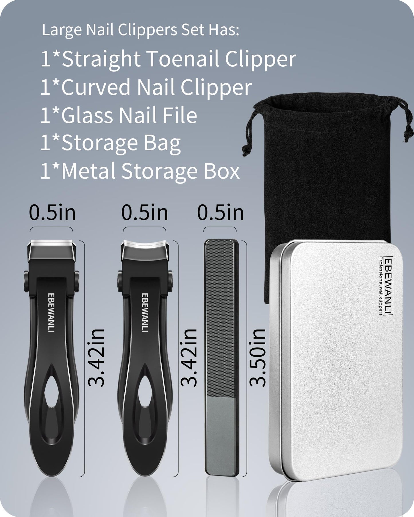 EBEWANLI Nail Clippers Set, Toe Nail Clippers for Men, 17mm Wide Jaw Opening Toenail Clippers for Thick Toenails, Straight and Curved Blade Heavy Duty