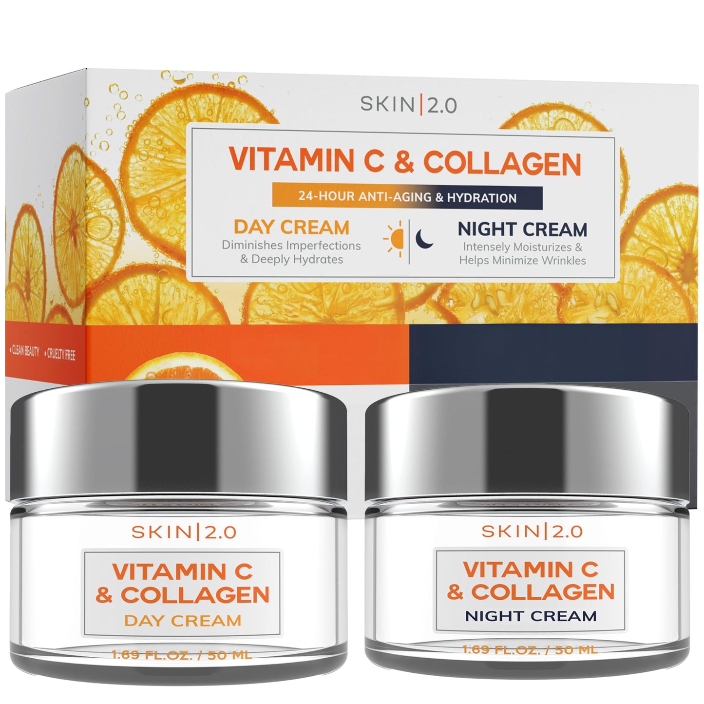 Skin 2.0 Vitamin C & Collagen Face Moisturizer - Anti Aging Day & Night Cream for Smooth & Radiant Skin, Firms & Restores Dull Complexion