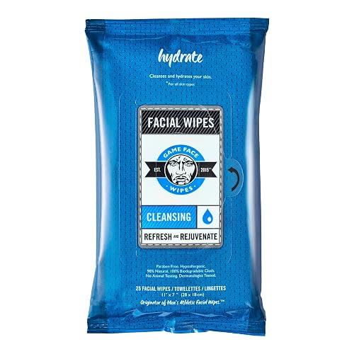 Game Face Cleansing Face Wipes 25 Count Pack XL Size 100% Compostable, Naturally Formulated and Lightly Scented Hydrating, Refreshing