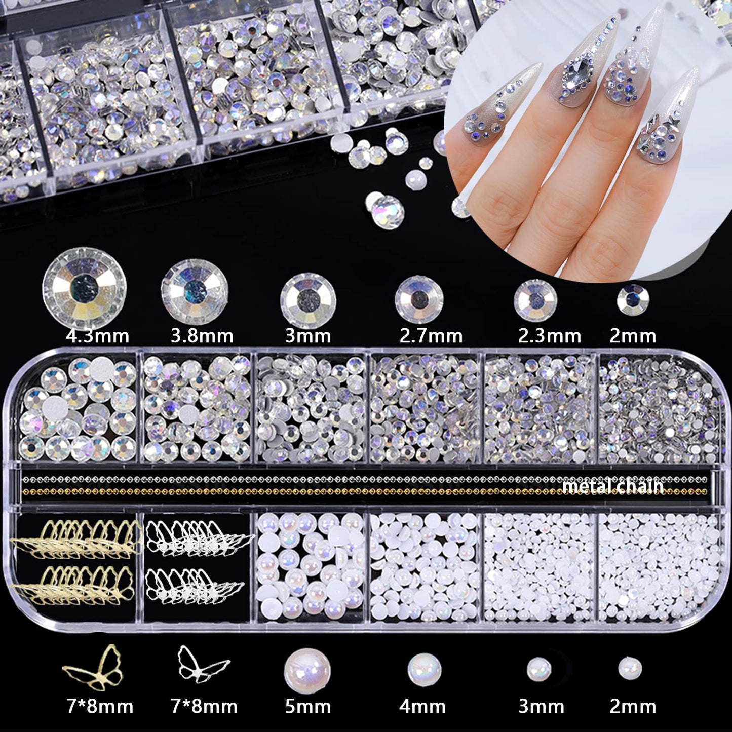 3D Acrylic Butterfly White Flowers Bear Nails Charms Cute Nail Charms Mixed Starry Crystal Nail Rhinestones Multi Sizes Crystal Gems Stones for Nail