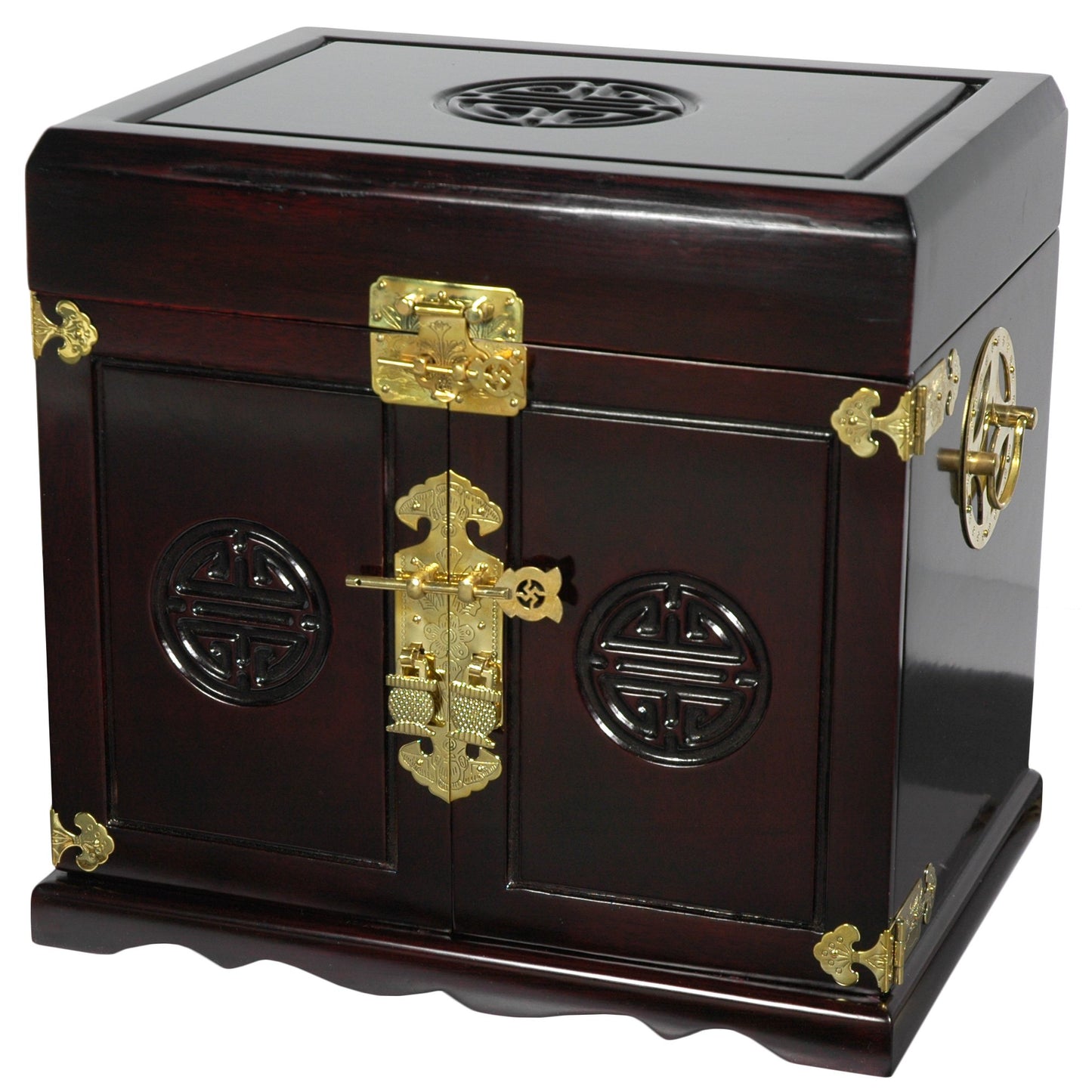 Red Lantern Rosewood Stain Oriental Jewelry Box with Five Drawers