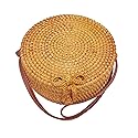 Handmade Rattan Woven Bag Round Retro Crossbody Bags Classic Shoulder Bag Ladies and Girls Party Handbags Wallets (Bow Button) 7.09x7.09x2.76IN