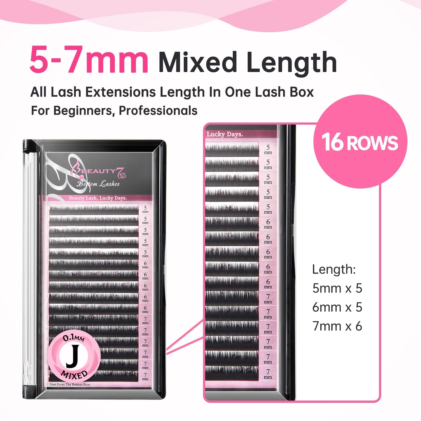 Beauty7 Mixed Volume Under Bottom Lower Individual False Eyelash Extension Tray Matte Synthetic Mink Curl J 0.1mm Thickness 5/6/7mm Length