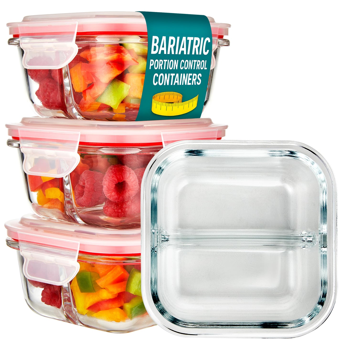 Glass Portion Control Bariatric Containers (3 Pack), 1 Cup Food Containers with Two 4 oz Compartments, 4oz Food Storage Containers for meal prep…