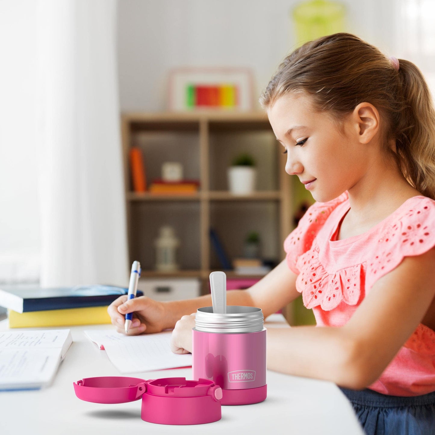 THERMOS FUNTAINER Insulated Food Jar, 10 Ounce, Kid Friendly Food Jar with Foldable Spoon, Pink