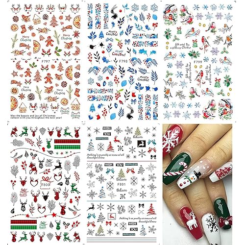 Christmas Nail Art Stickers Winter Nail Art Self-Adhesive Decals Snowflake Elk Blue Leaves Birds Christmas Tree Pattern Design Xmas Art Supplies