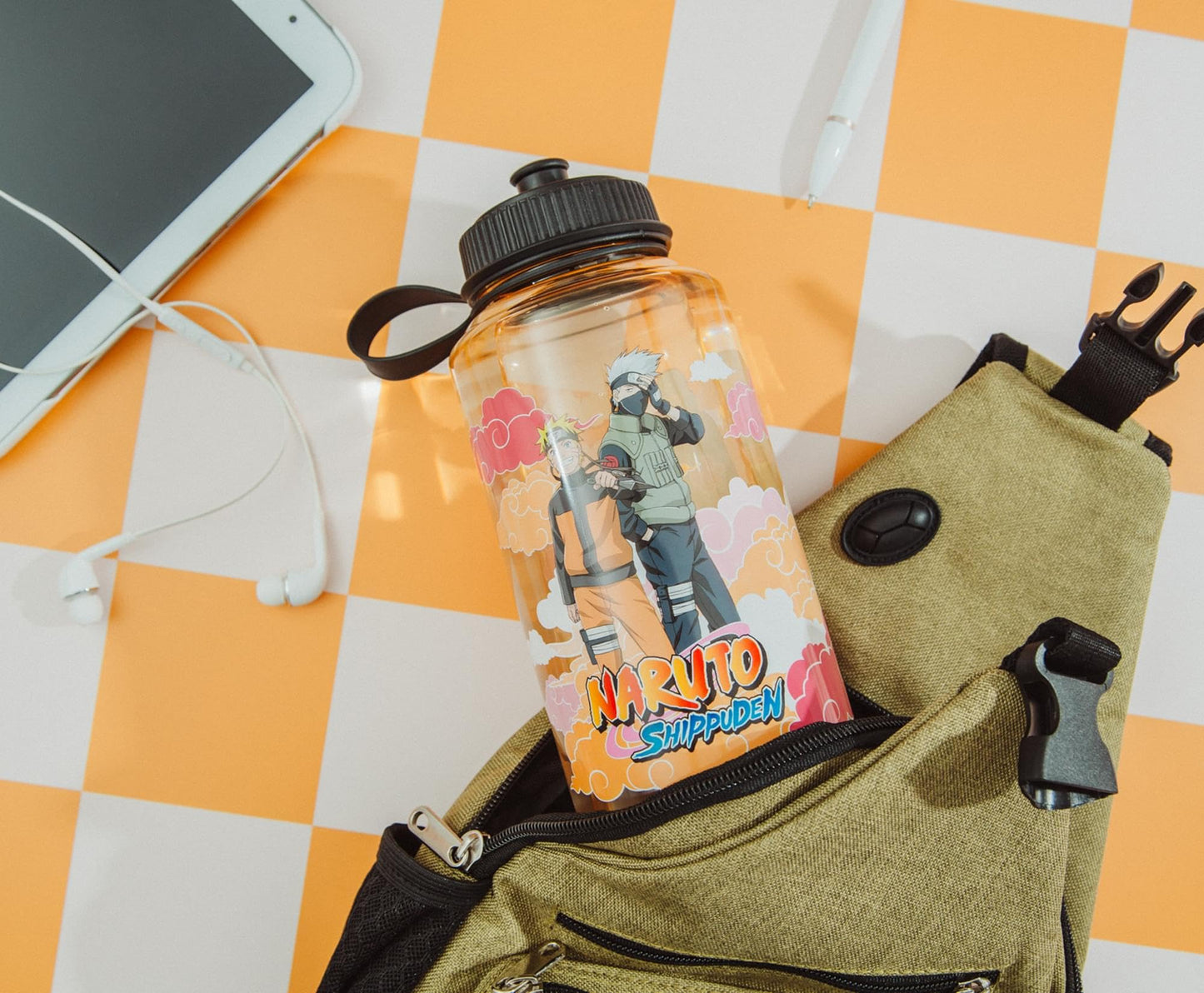 JUST FUNKY Naruto Shippuden Characters Plastic Water Bottle With Push Cap | Large Sports Jug For Gym, Work | Holds 32 Ounces