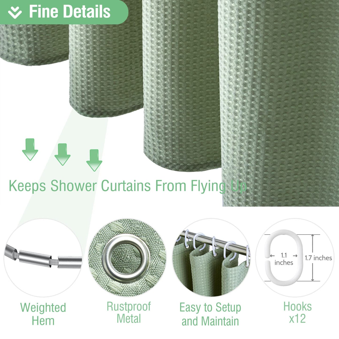 Dynamene Sage Green Waffle Shower Curtain – 72x72in Thick 256GSM Fabric, Luxury Weighted Bath Curtain with 12 Hooks