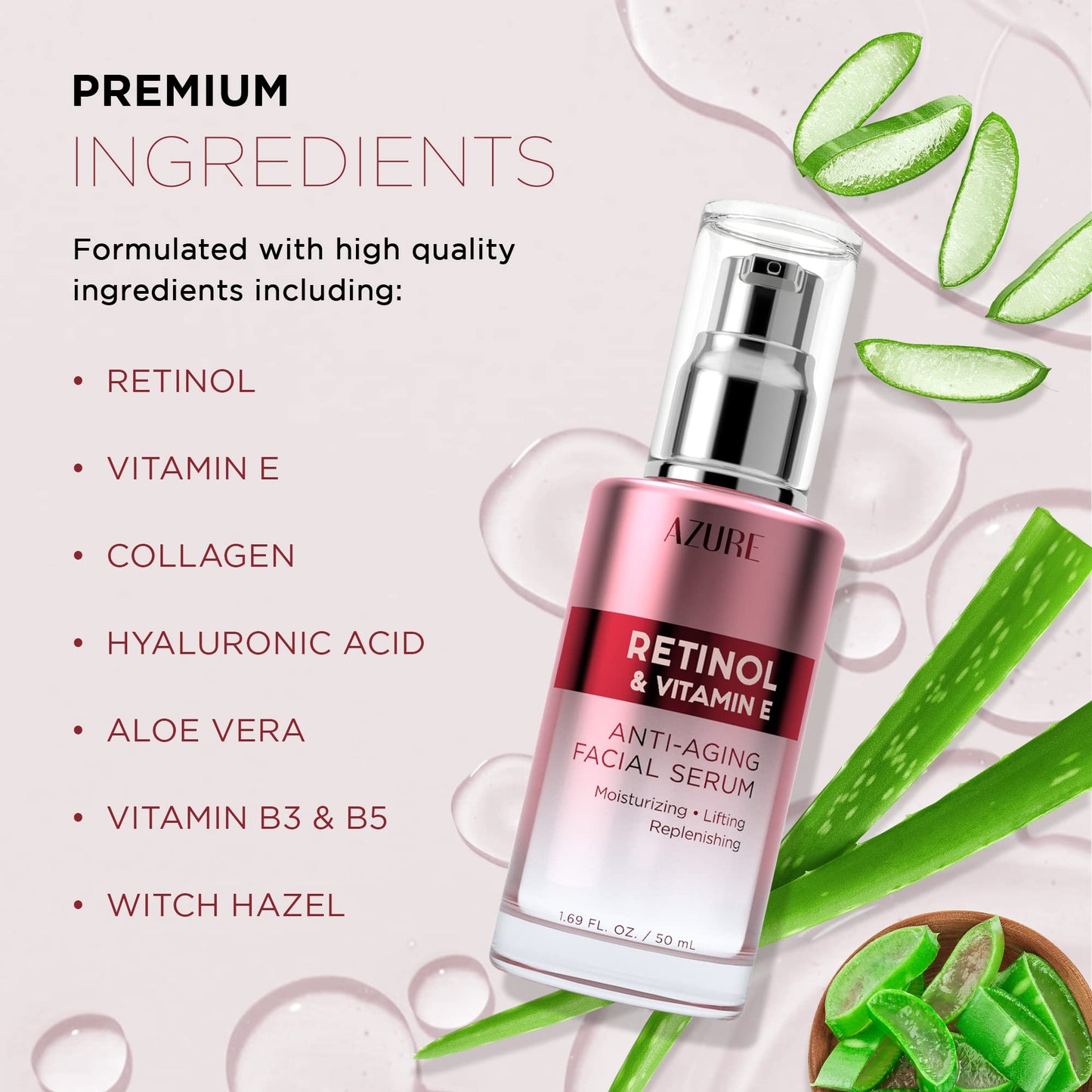 Azure Cosmetics Retinol Serum For Face - Dermatologist Tested, Anti Aging for Dark Spots & Skin Smoothing - Vitamin E for Replenishing & Skin Renewal