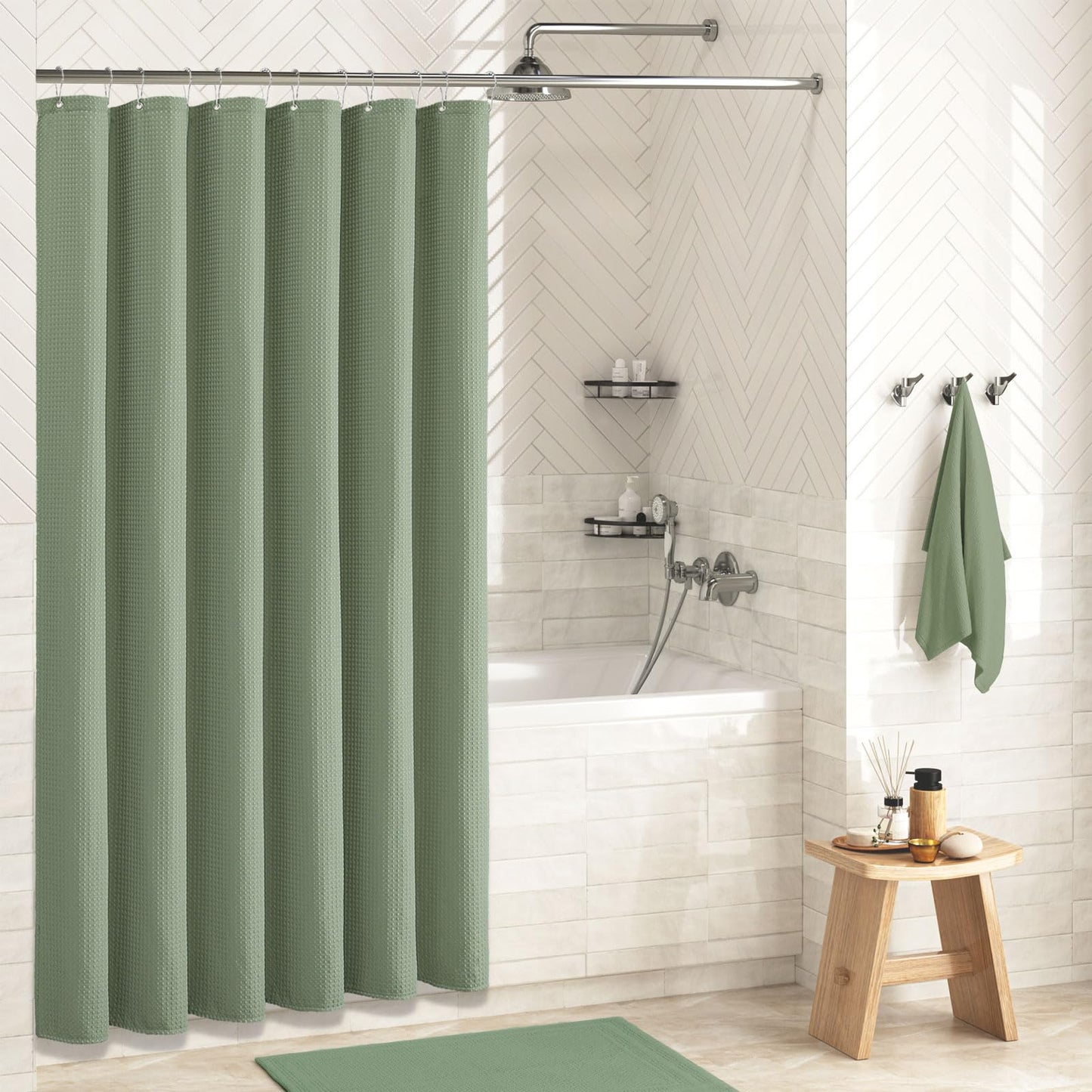 Dynamene Sage Green Waffle Shower Curtain – 72x72in Thick 256GSM Fabric, Luxury Weighted Bath Curtain with 12 Hooks