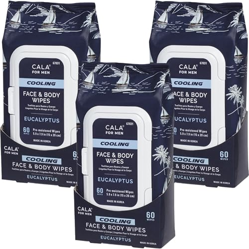 CALA Men's Cooling Face & Body Wipes: Eucalyptus (60 Sheets) - Refreshing, Hydrating Wipes for a Clean, Soothed Complexion, Ideal for Active Men (180