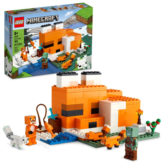 LEGO Minecraft The Fox Lodge House 21178, Animal Toy Building Set with Drowned Zombie Figure, Birthday Gift for Kids, Boys & Girls Ages 8+