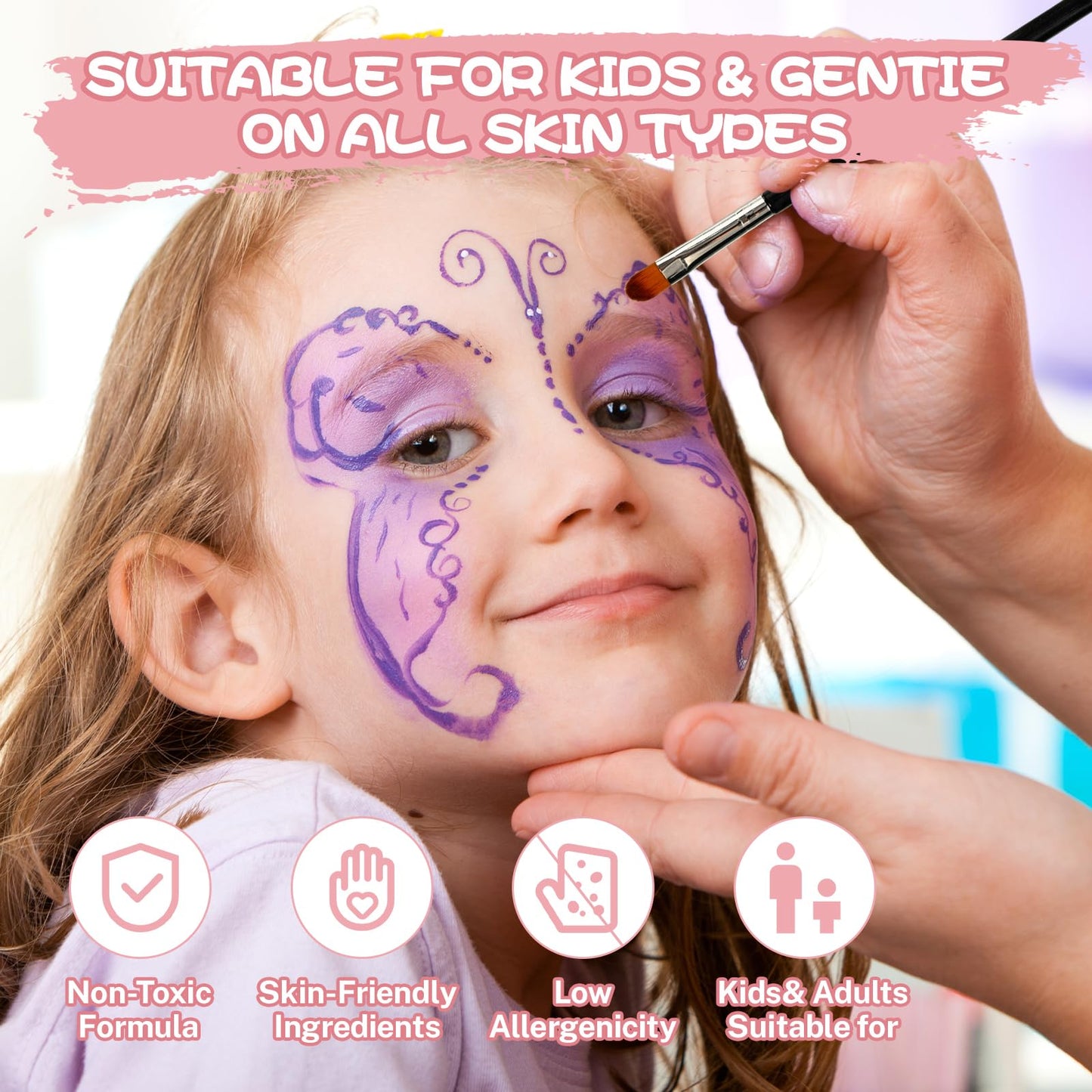 KNLDEFV 42 Color Kids Face Painting Kit, Non Toxic Water Activated Face Paint Palette with Stencils, Brush, Sparkle Gems. Perfect for Birthday
