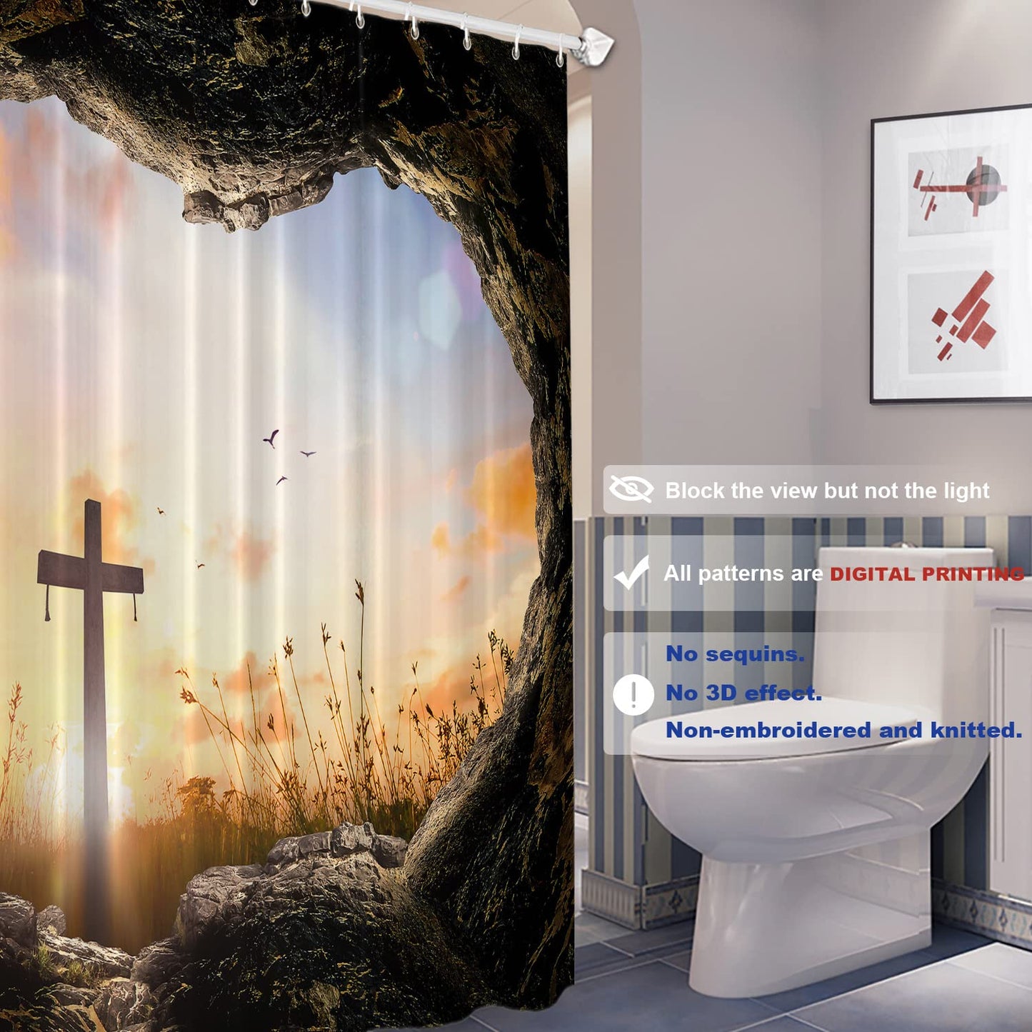 Batmerry Stone Sunrise Christian Decorative Shower Curtain, Jesus is Risen Christian Easter Shower Curtain Cute Long Wide Shower Curtain for Bathroom…