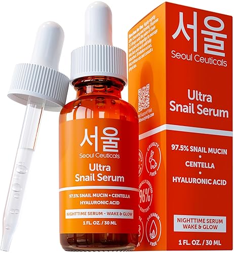 SeoulCeuticals Korean Skin Care 97.5% Snail Mucin Serum - K Beauty Skincare Anti Wrinkle Cica Night Serum Hyaluronic Acid for Face 1oz