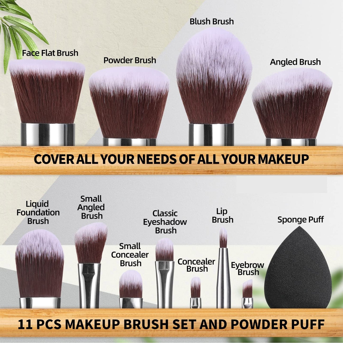BS-MALL Makeup Brush Set 11Pcs Bamboo Synthetic Kabuki Brush Set Foundation Powder Blending Concealer Eye shadows Blush Cosmetics Brushes