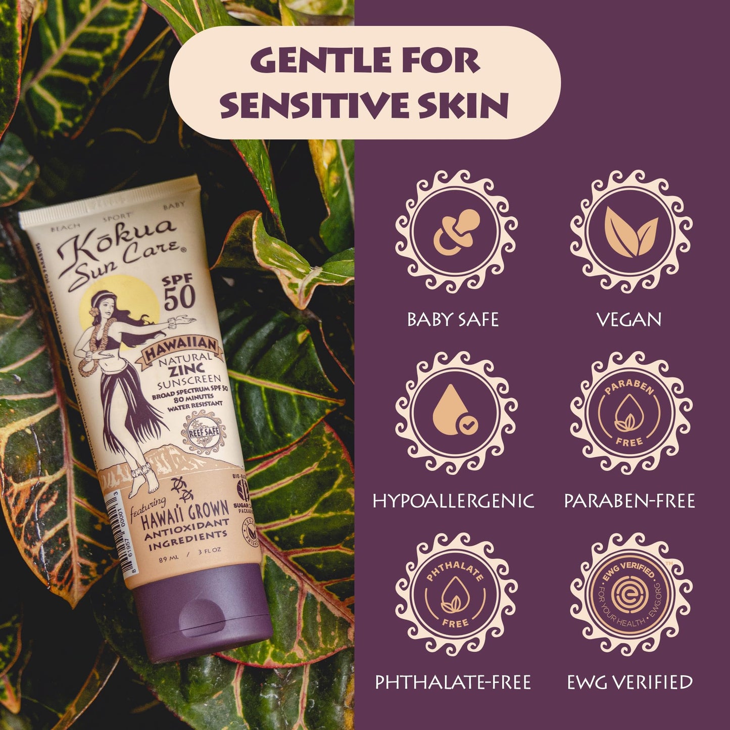 Kokua Sun Care Hawaiian Reef Safe Sunscreen SPF 50 | 3 oz | Zinc Oxide | Mineral Sunscreen | Face & Body | Moisturizing Sun Protection | Water