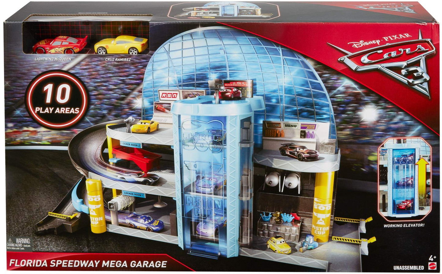 Mattel Disney and Pixar Cars Garage Playset with Lightning McQueen & Cruz Ramirez Toy Cars, Florida Speedway Mega 3-Level Garage