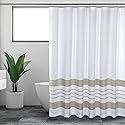 Sticky Toffee White and Tan Striped Shower Curtain 72x72 in - Woven Cotton Fabric for Bathroom, Farmhouse Boho Style, Oeko-Tex Cotton