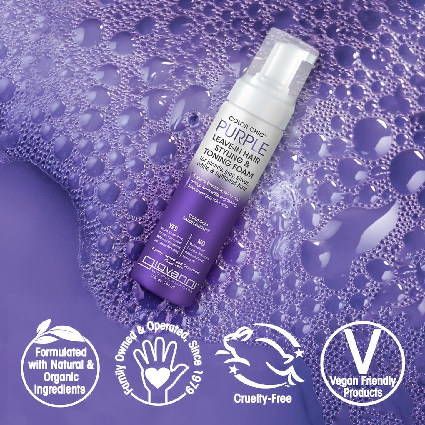 GIOVANNI Color Chic Purple Leave-In Hair Styling & Toning Foam - Purple Foam for Blonde, Gray, Brassy, Fine Hair, Gives Volume & Shine for Women & Men