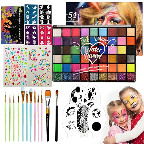 Ruihangda 54 Colors Face Painting Kit for Kids, Non Toxic Water Based Face Body Paint with Brushes, Stencils, Sponges, Gem Stickers, Washable Makeup