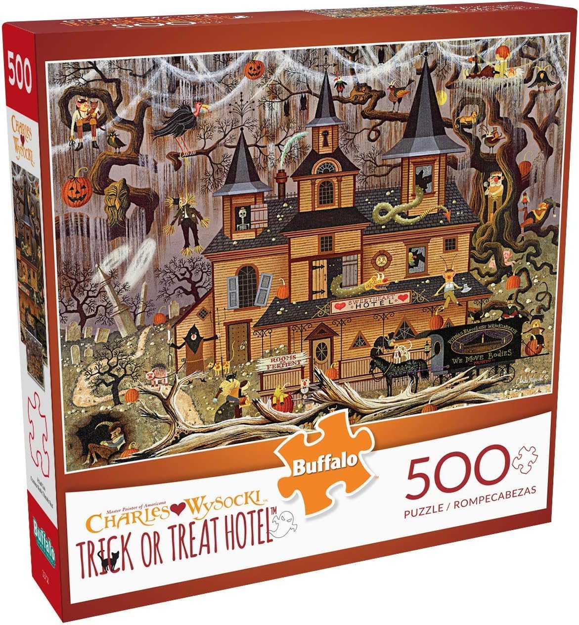 Buffalo Games 500-Piece Puzzle – Charles Wysocki Trick or Treat Hotel – Challenging Adult Jigsaw, 21.25" x 15", Game Night Fun