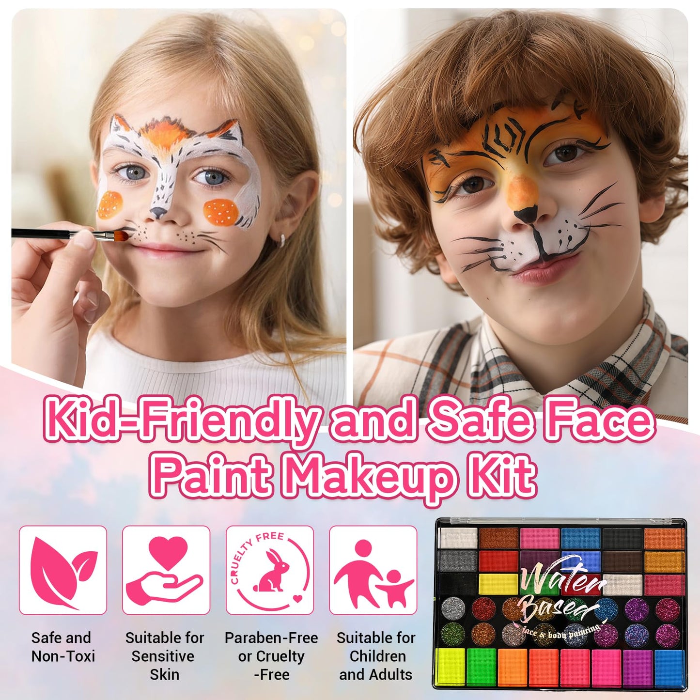 Ruihangda 54 Colors Face Painting Kit for Kids, Non Toxic Water Based Face Body Paint with Brushes, Stencils, Sponges, Gem Stickers, Washable Makeup