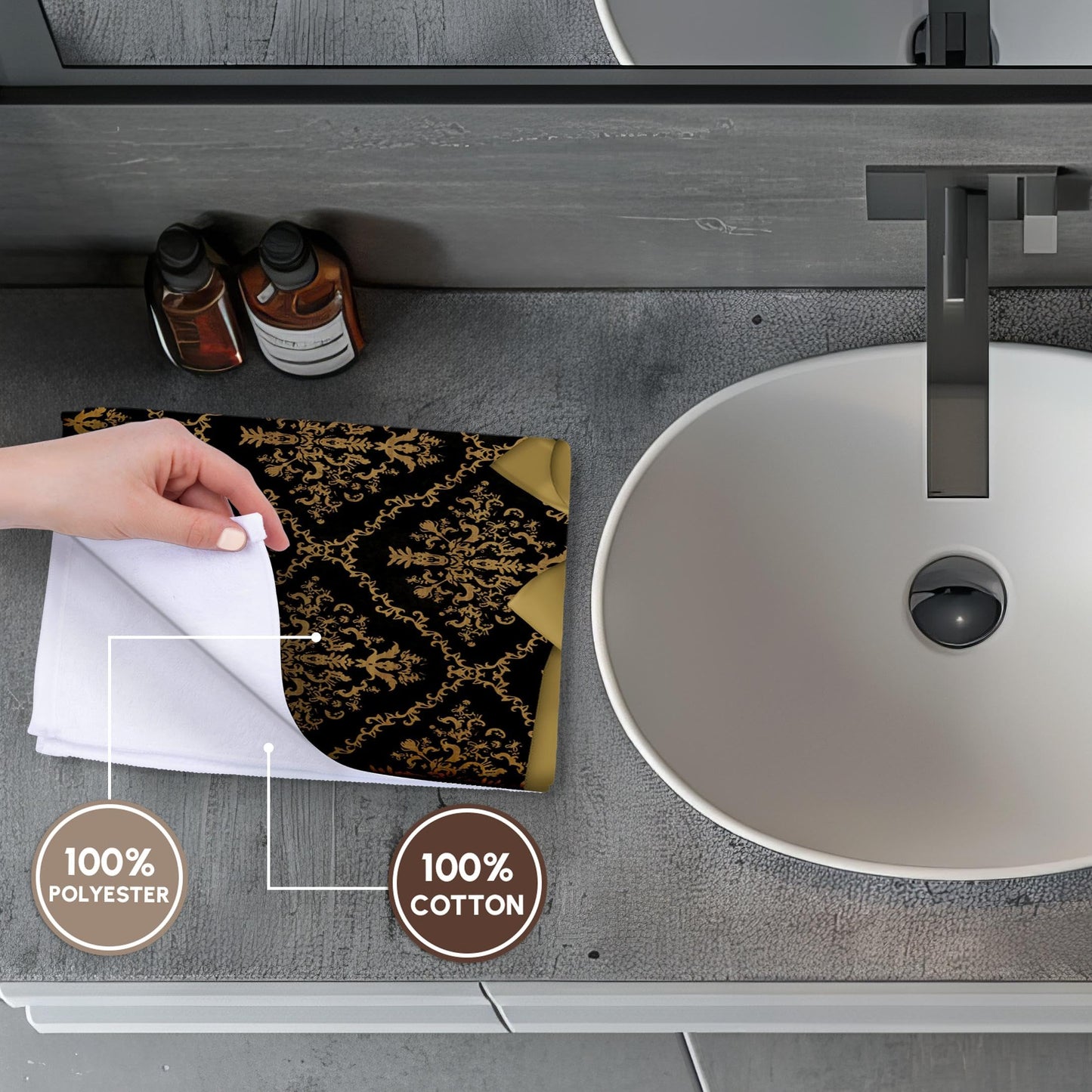 3D Rose TWL_223591_1 Ribbon & Bow on Damask Design - Black & Gold Towel, Black & Gold, 15" x 22"