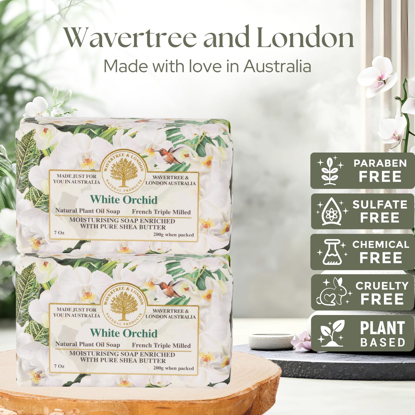 Wavertree & London White Orchid Scented Natural Soap (2 Bars), 7oz Moisturizing French Triple Milled Soap Bars enriched with shea butter - Pure Plant