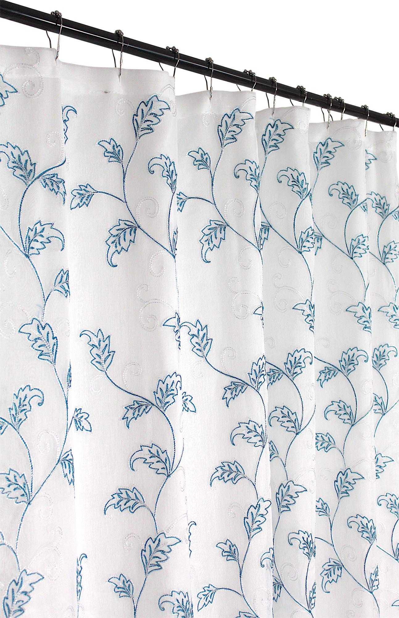 SERAFINA Decorative Sheer Fabric Shower Curtain: Two Toned Teal and White Embroidered Leaves with Metallic Threading (White/Teal) 70 x 72