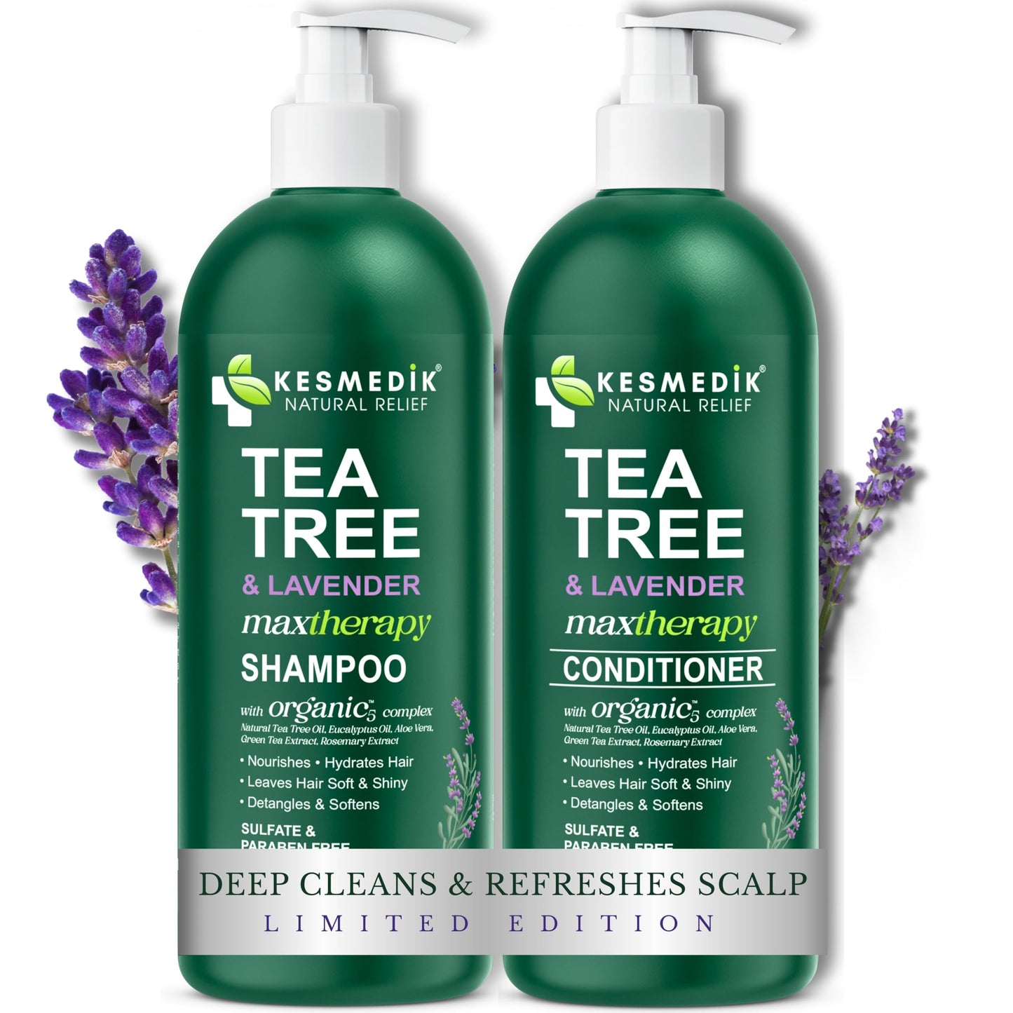 KESMEDIK Tea Tree Lavender Shampoo & Conditioner Set with Mint & Rosemary, Cleanses, Cools & Soothes Dry, Itchy Scalp, Sulfate & Paraben-Free, For All